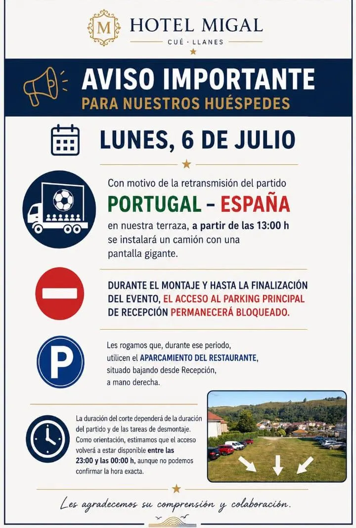 Aviso importante para huéspedes Hotel Migal parking pantalla gigante España Portugal