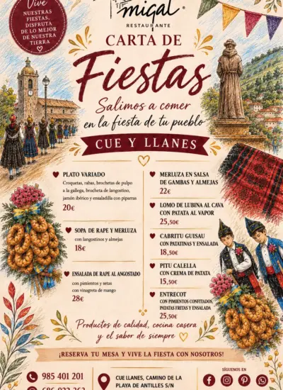 Carta de fiestas de Hotel Migal Restaurante en Cué y Llanes
