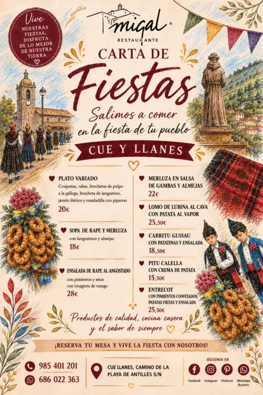 Carta de fiestas de Hotel Migal Restaurante en Cué y Llanes