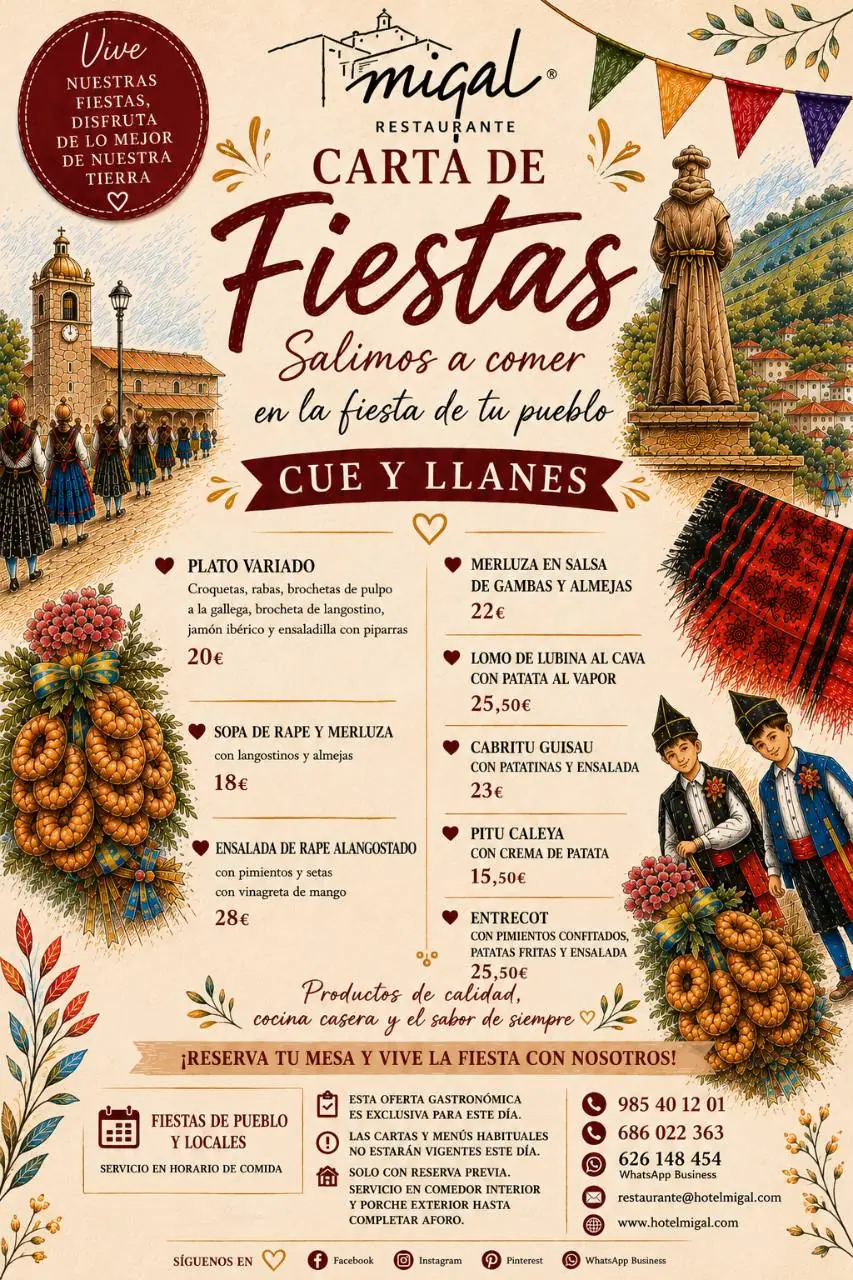 Carta de fiestas de Hotel Migal Restaurante en Cue y Llanes