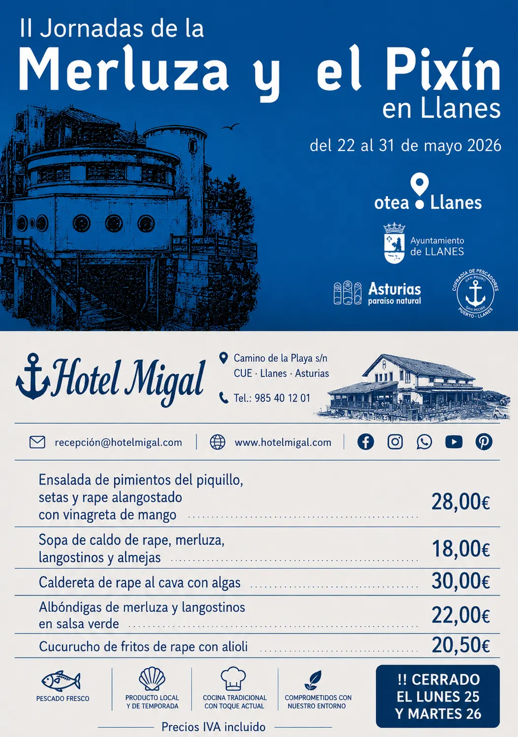 Carta de las II Jornadas de la Merluza y el Pixín en Hotel Migal Llanes
