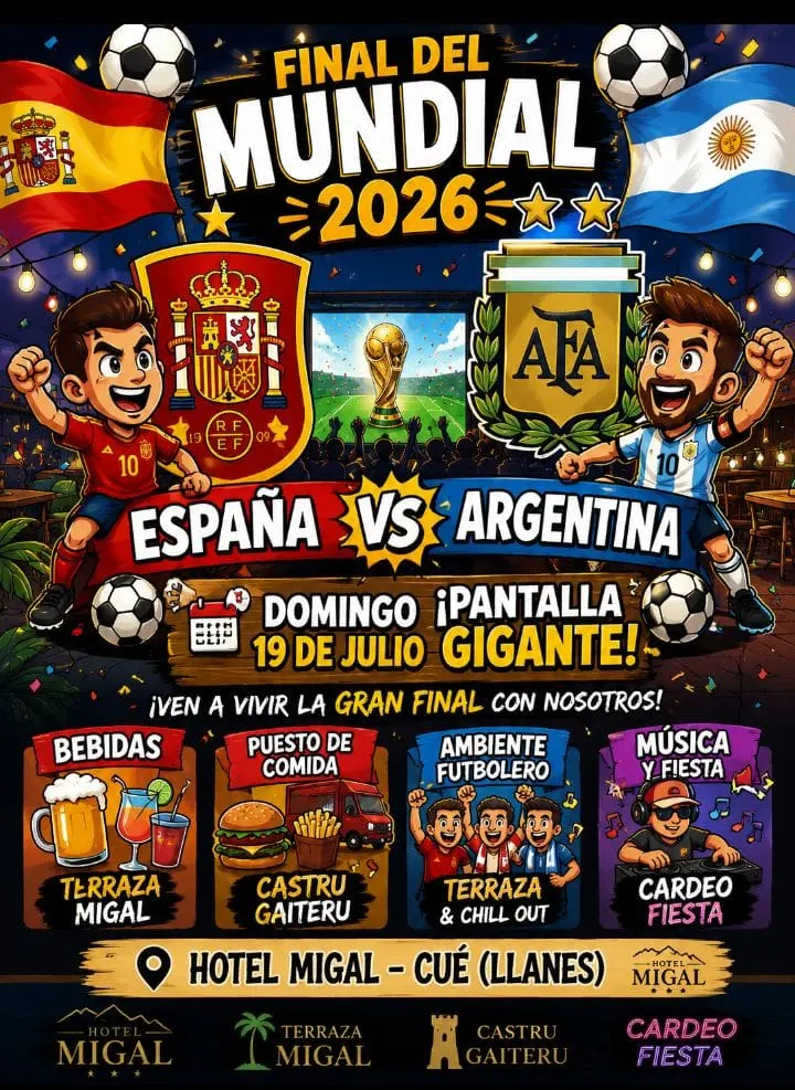 Final del Mundial 2026 España vs Argentina en pantalla gigante en Hotel Migal