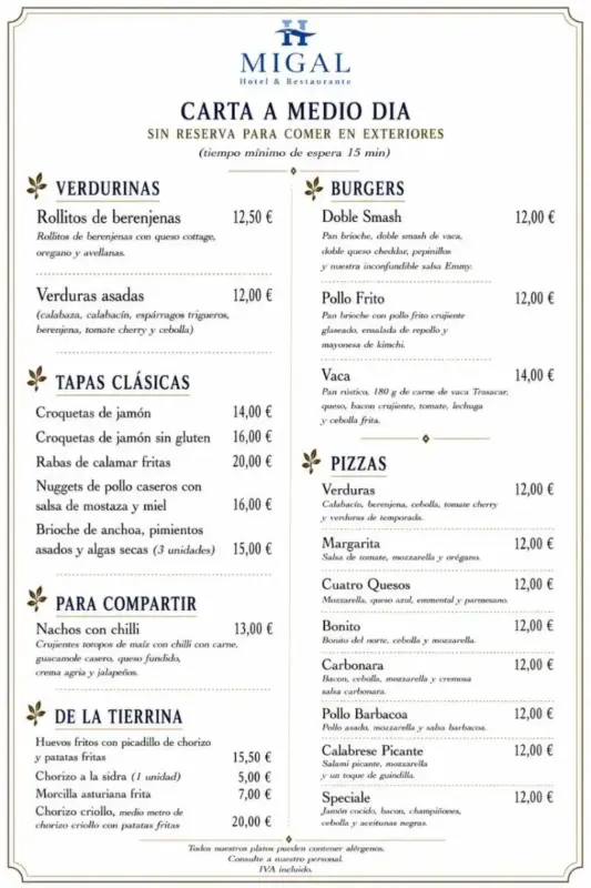 Carta a medio día sin reserva para comer en exteriores Hotel Migal