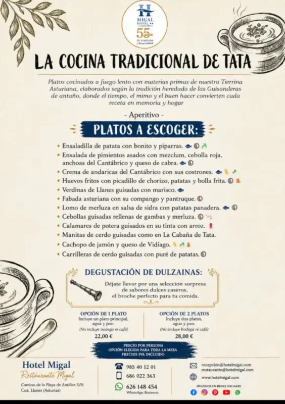 Carta La cocina tradicional de Tata en Hotel Restaurante Migal