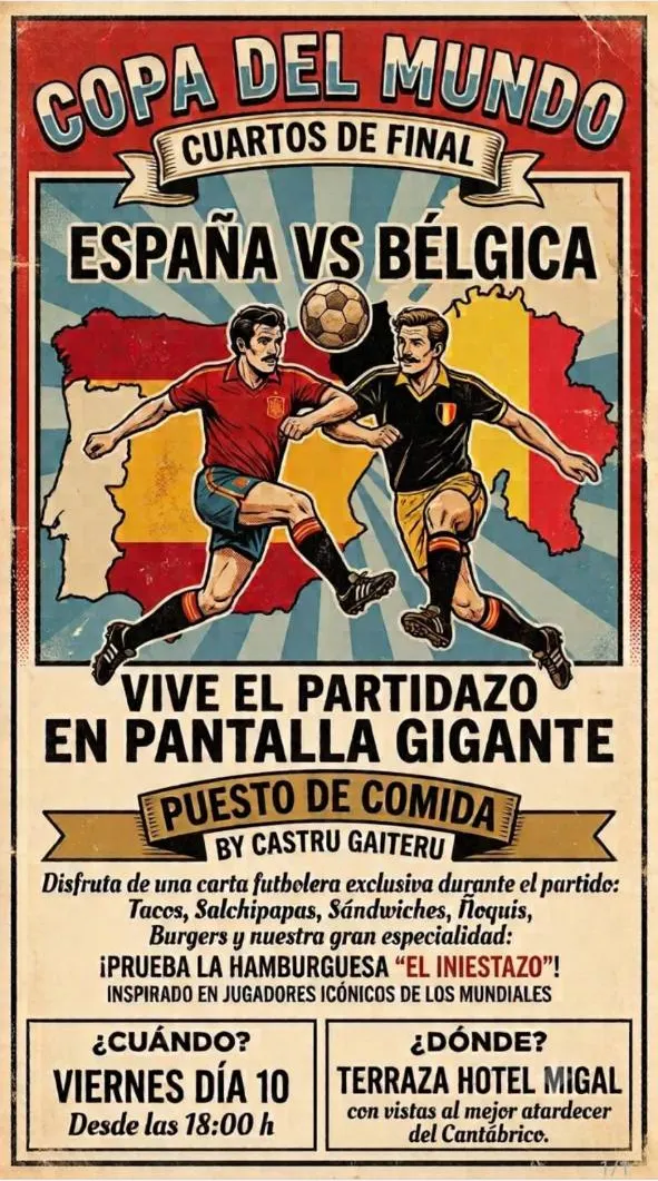 Carta futbolera by Castru Gaiteru para España vs Bélgica en Terraza Hotel Migal