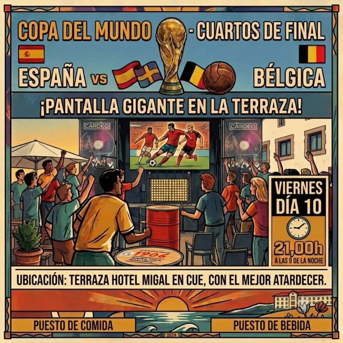 España vs Bélgica en pantalla gigante en Terraza Hotel Migal