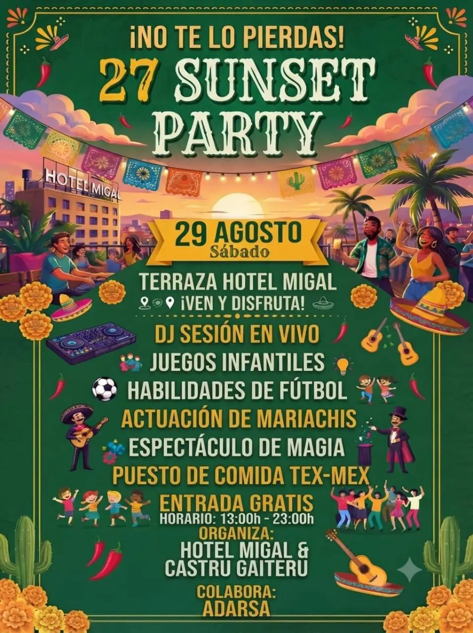 Cartel de la 27 Sunset Party del 29 de agosto de 2026 en Hotel Migal