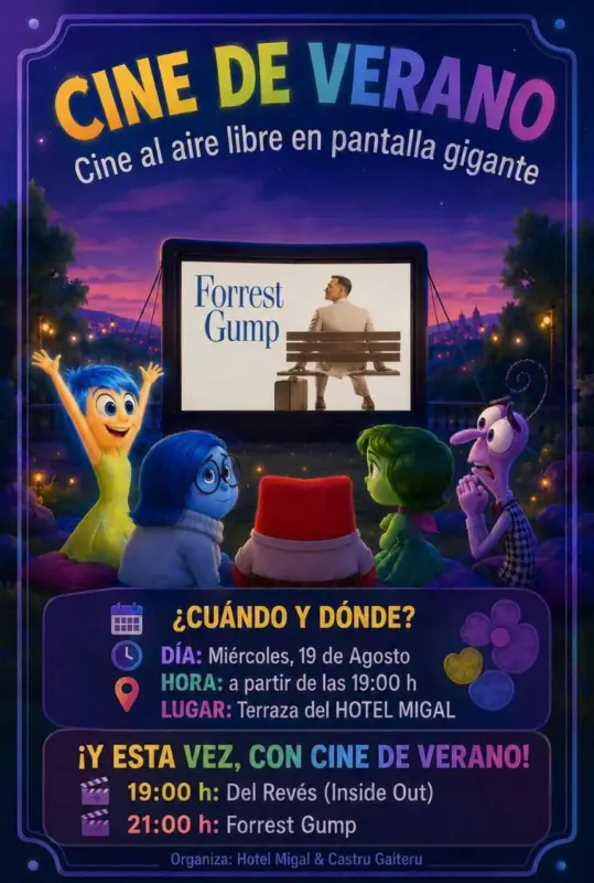 Cartel del cine de verano con Del Revés y Forrest Gump en Hotel Migal