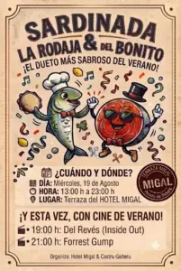 Cartel de la Sardinada y La Rodaja del Bonito con cine de verano en Hotel Migal el 19 de agosto