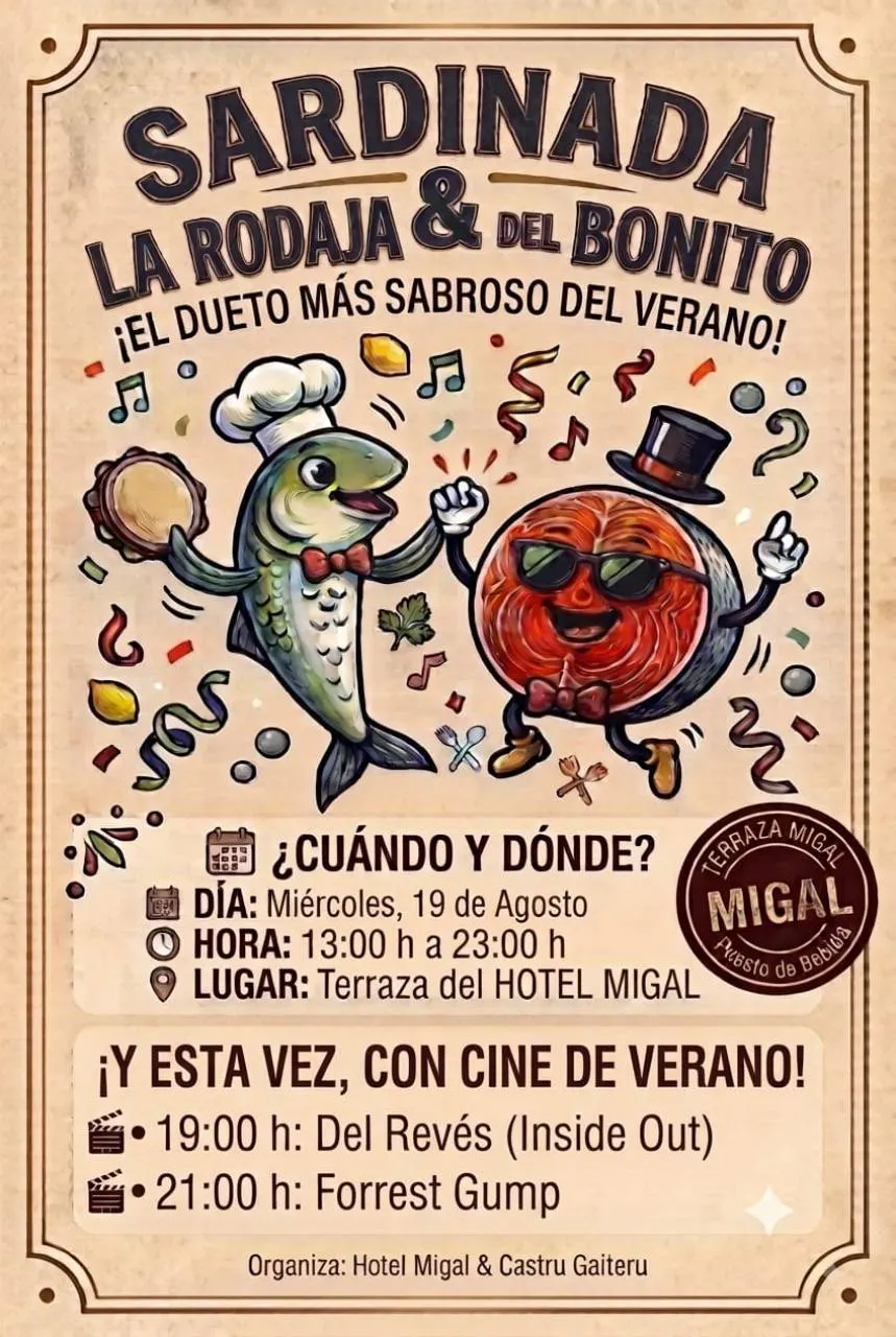 Cartel de la Sardinada y La Rodaja del Bonito con cine de verano en Hotel Migal el 19 de agosto