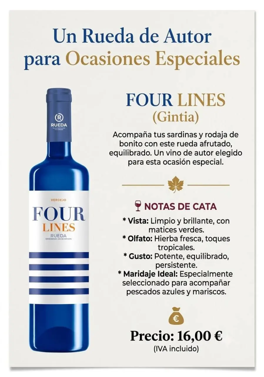 Vino Four Lines Rueda para acompañar la Sardinada en Hotel Migal
