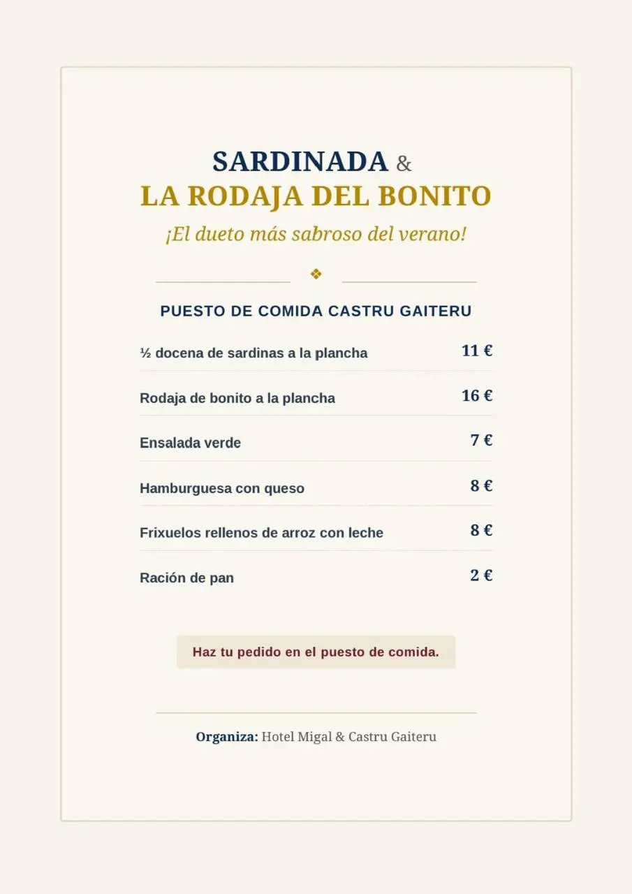 Carta de comida Sardinada y Rodaja del Bonito en Hotel Migal