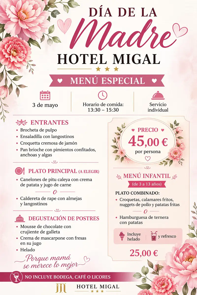 Menú especial Día de la Madre Hotel Migal 3 de mayo