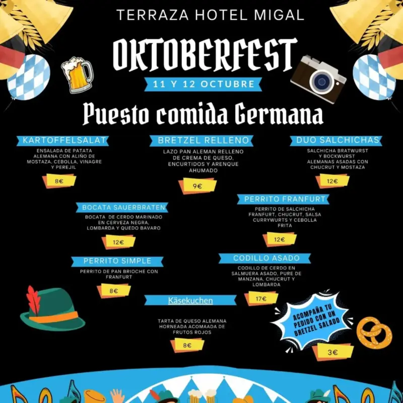 Carta y precios de comida bávara del Oktoberfest 2026 en Hotel Migal